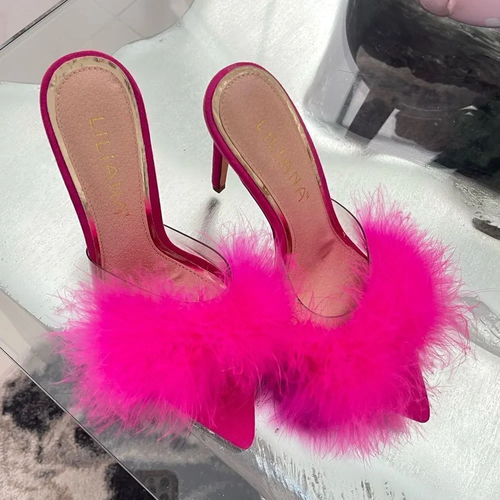 Women faux Feather Slippers Sandals pump High heels Slides Mules Size 6